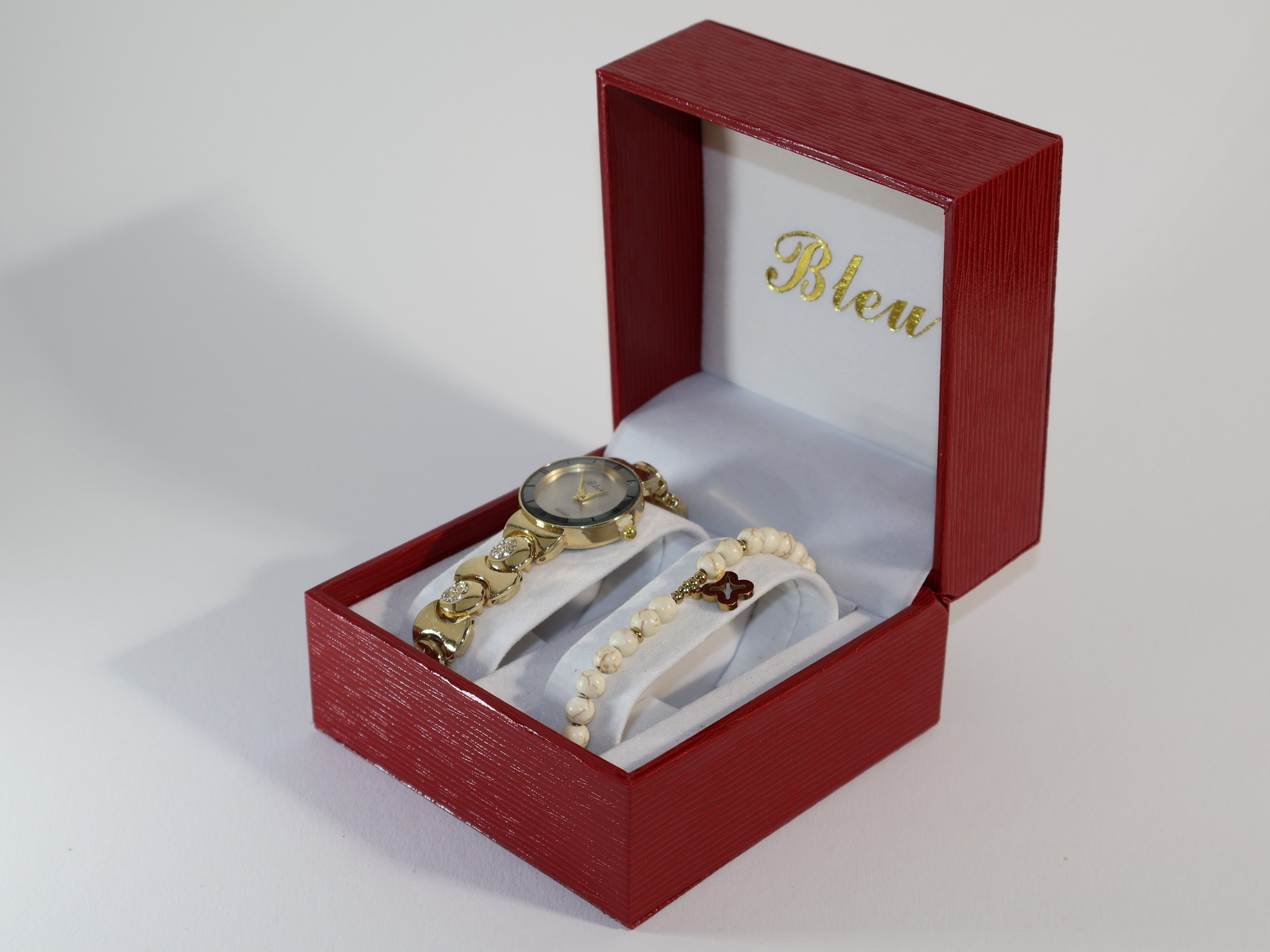 Elegantes Damenuhren-Set mit Armband – Goldene Armbanduhr und Perlenarmband im Geschenkkarton