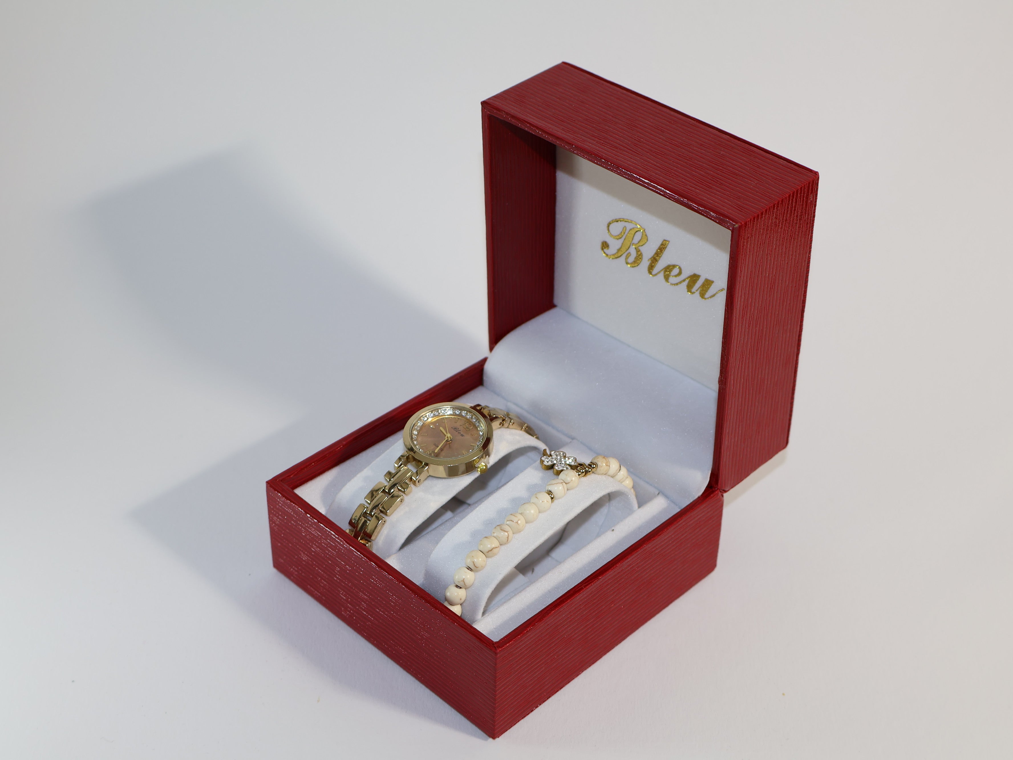 Elegantes Damenuhren-Set mit Armband – Goldene Armbanduhr und Perlenarmband im Geschenkkarton