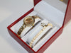 Elegantes Damenuhren-Set mit Armband – Goldene Armbanduhr und Perlenarmband im Geschenkkarton