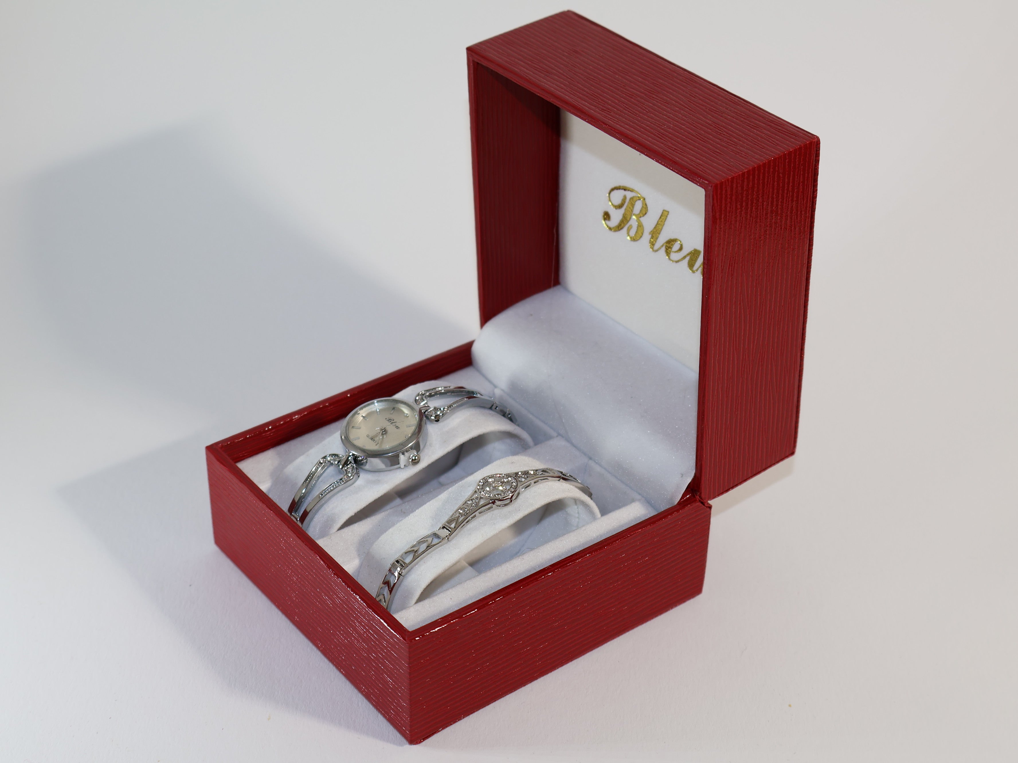 Elegantes Damenuhren-Set mit Armband – Goldene Armbanduhr und Perlenarmband im Geschenkkarton