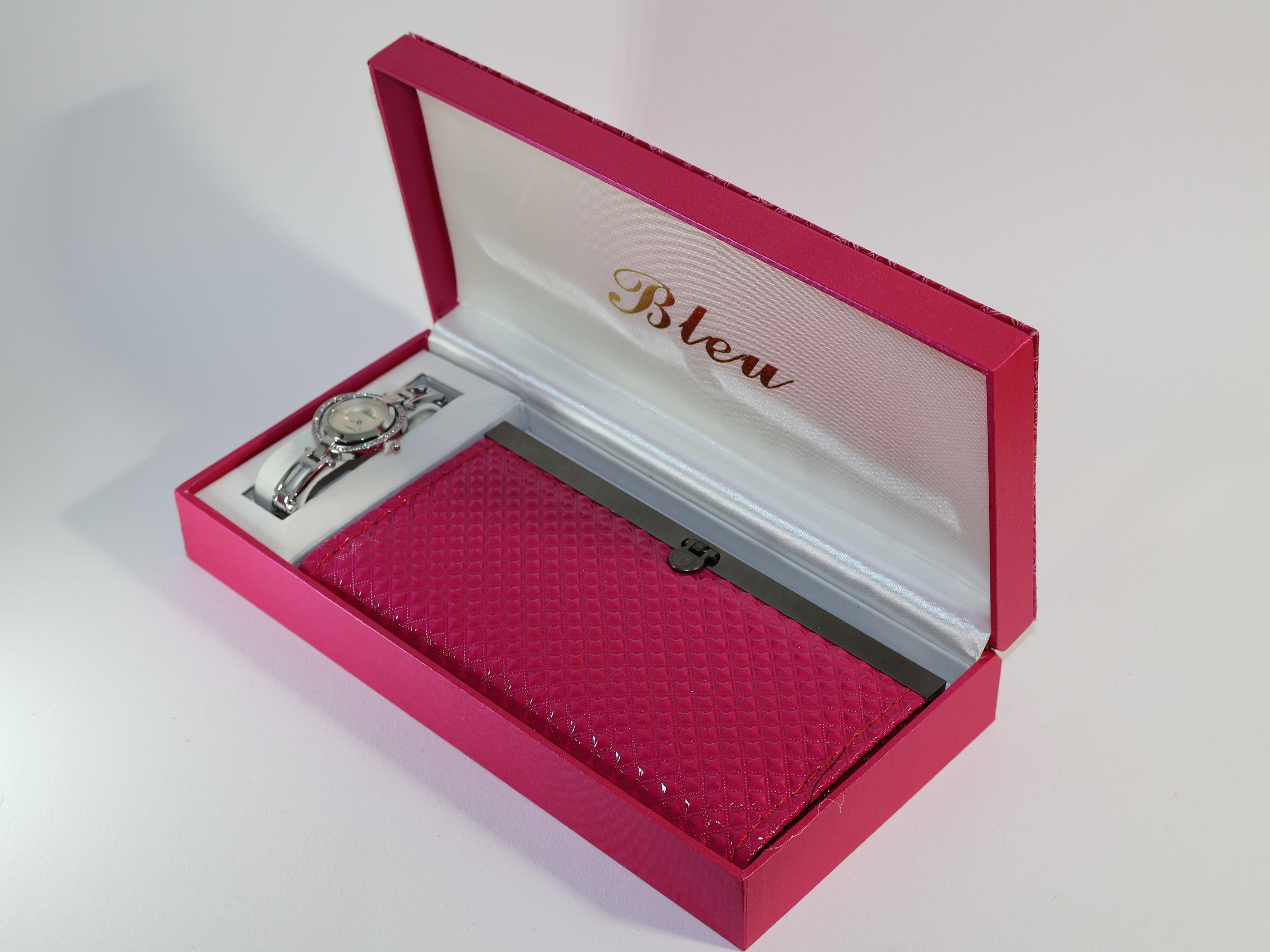 Damenuhren- und Geldbörsen-Set – Stilvolle Silberne Armbanduhr mit Modischer Geldbörse in Rosa Geschenkbox