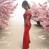 Elegantes Abendkleid in Rot mit Off-Shoulder und hohem Beinschlitz