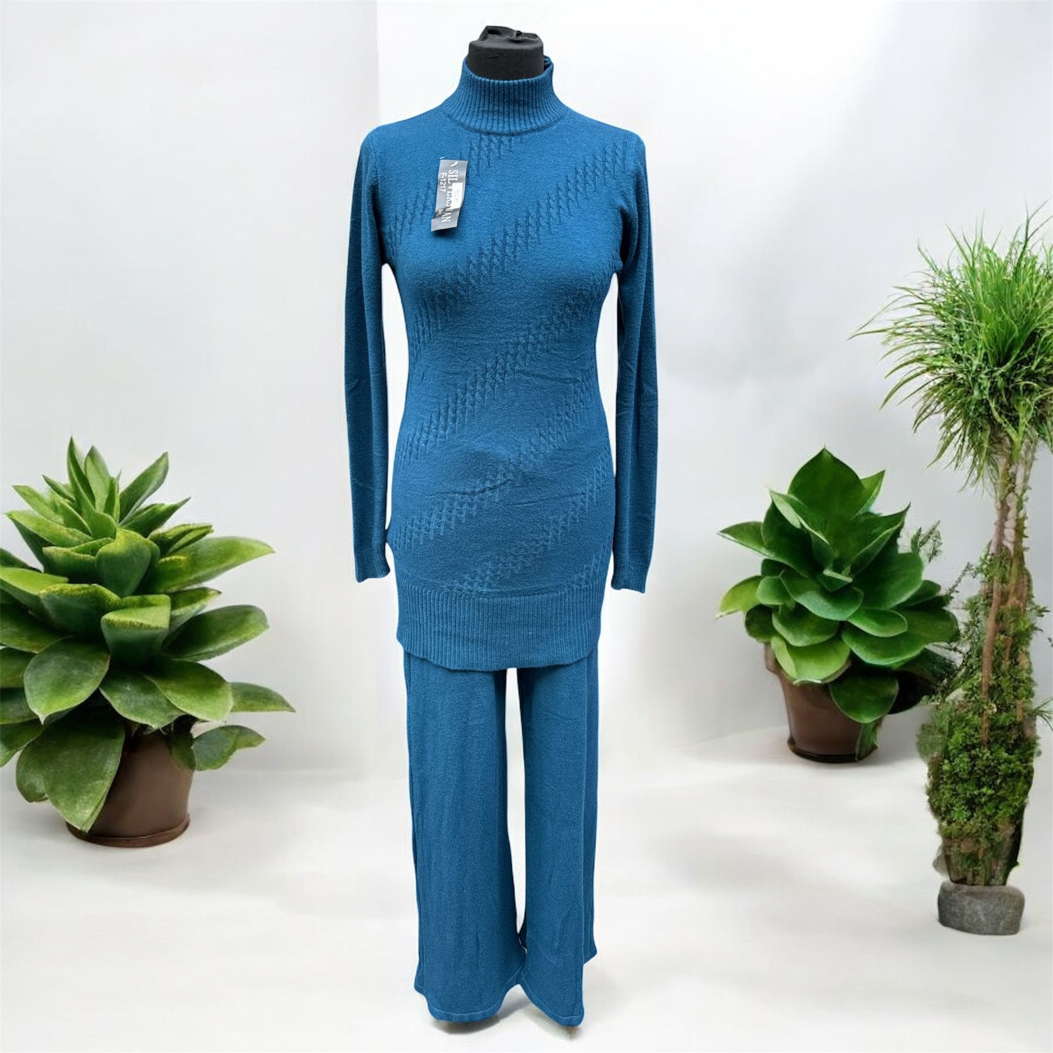 Damen Strick-Zweiteiler mit Rollkragen – Blau