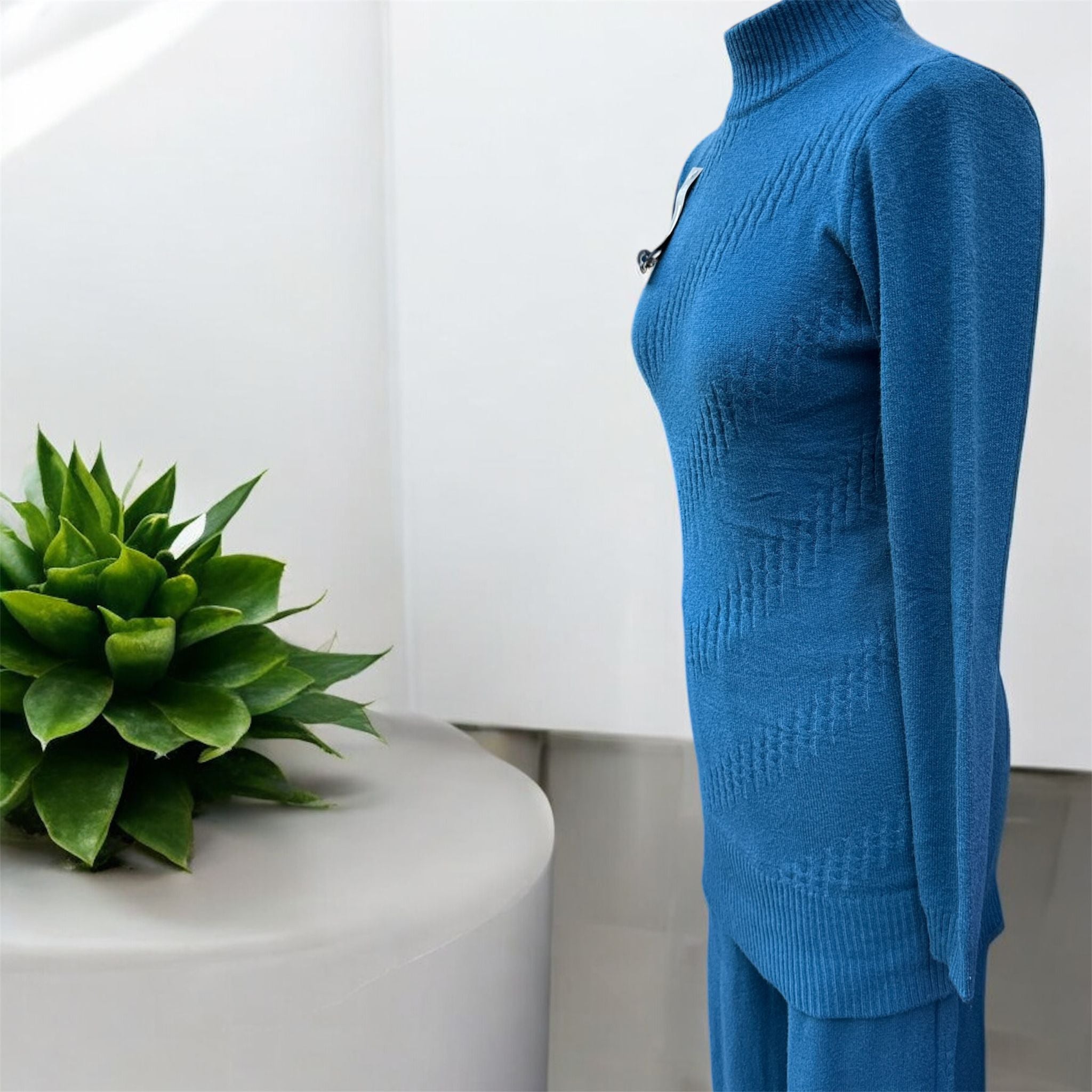 Damen Strick-Zweiteiler mit Rollkragen – Blau